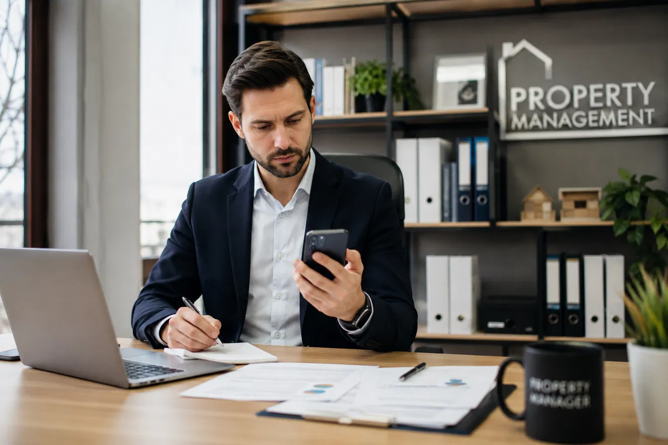 Property manager al telefono mentre lavora alla scrivania